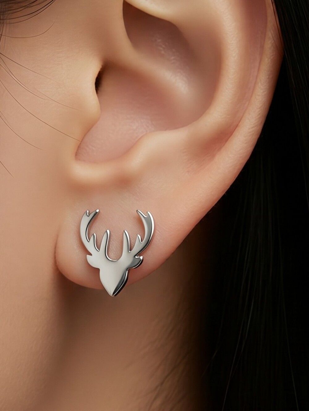 Silver Deer Antler Stud Earrings Stainless Steel Elk Reindeer Woodland Jewelry